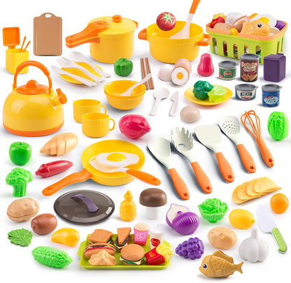 60Pcs Kids Mini Play Kitchen Accessories, Pretend Cooking Play Set with Cookware, Tableware & Fruit & BBQ Sets, Learning Gift for Boys, Girls, Toddlers,Yellow