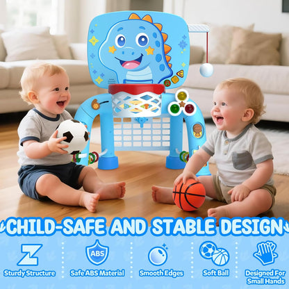 Toys for 1 Year Old Boy - Toddler Basketball Hoop & Soccer Goal & Baseball Activity Center with Light Sound Music, Puppy Montessori Sports Toy, Christmas Birthday Gift for Baby 12-18 Months, Yellow