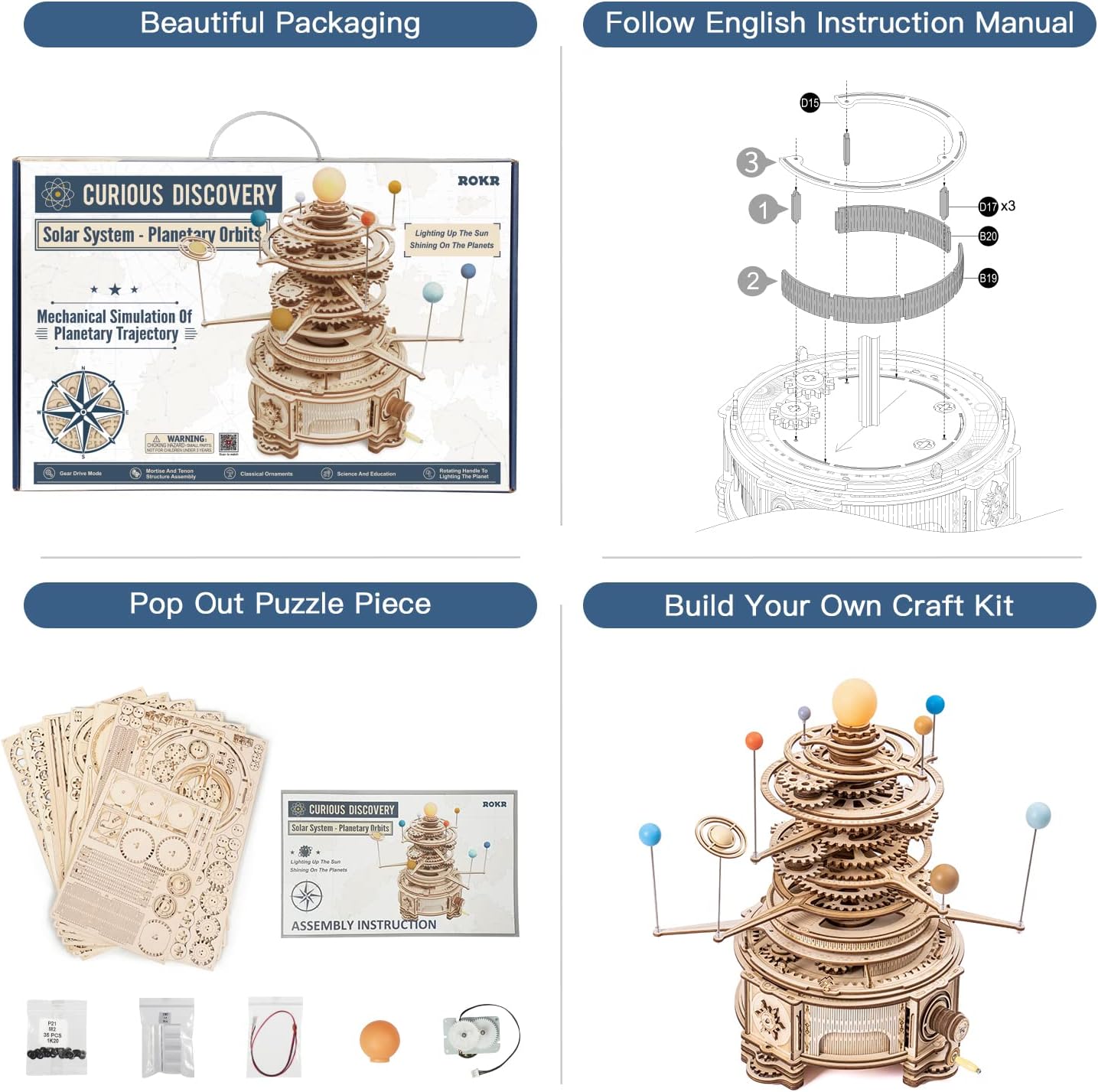 ROKR 3D Wooden Puzzles for Adults Huge Orrery Model - Toy Building Set Mechanical Puzzles 8 Orbiting Planets Unique Gifts for Men and Women