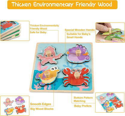 Wooden Puzzles for Toddler Peg Puzzle Toys, Wooden Jigsaw Puzzles Zoo Animal Patterns Puzzle with Handles Educational Montessori Puzzles