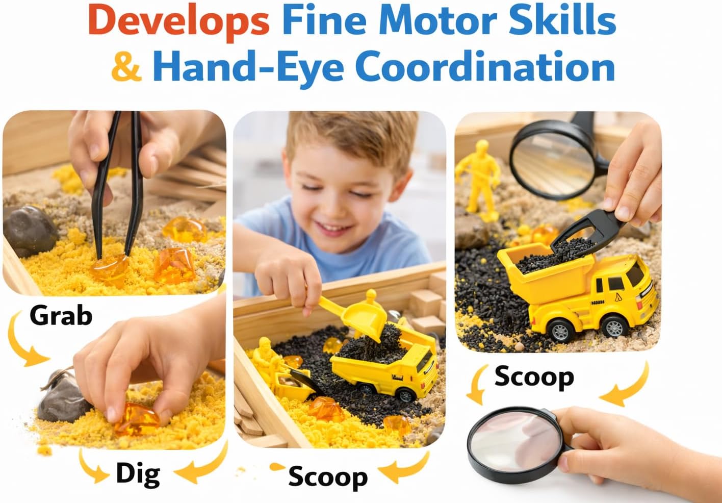 Construction Sensory Bin for Kids - DIY Jr Putty Explorers Wooden Sensory Play Kit with Play Sand, Trucks, Tools & Gems - Montessori STEM Fine Motor Toy for Toddlers & Preschool Boys 3+