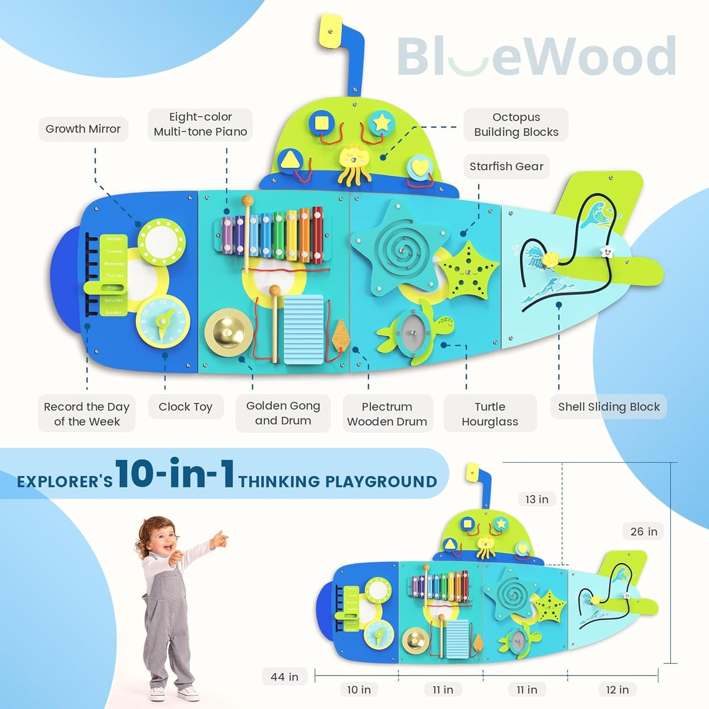 BlueWood Wooden Wall Busy Board Panels, Toddler Learning Activity Center, Montessori Philosophy Sensory, Educational Toys, Conducive to All-Round Development - Whale