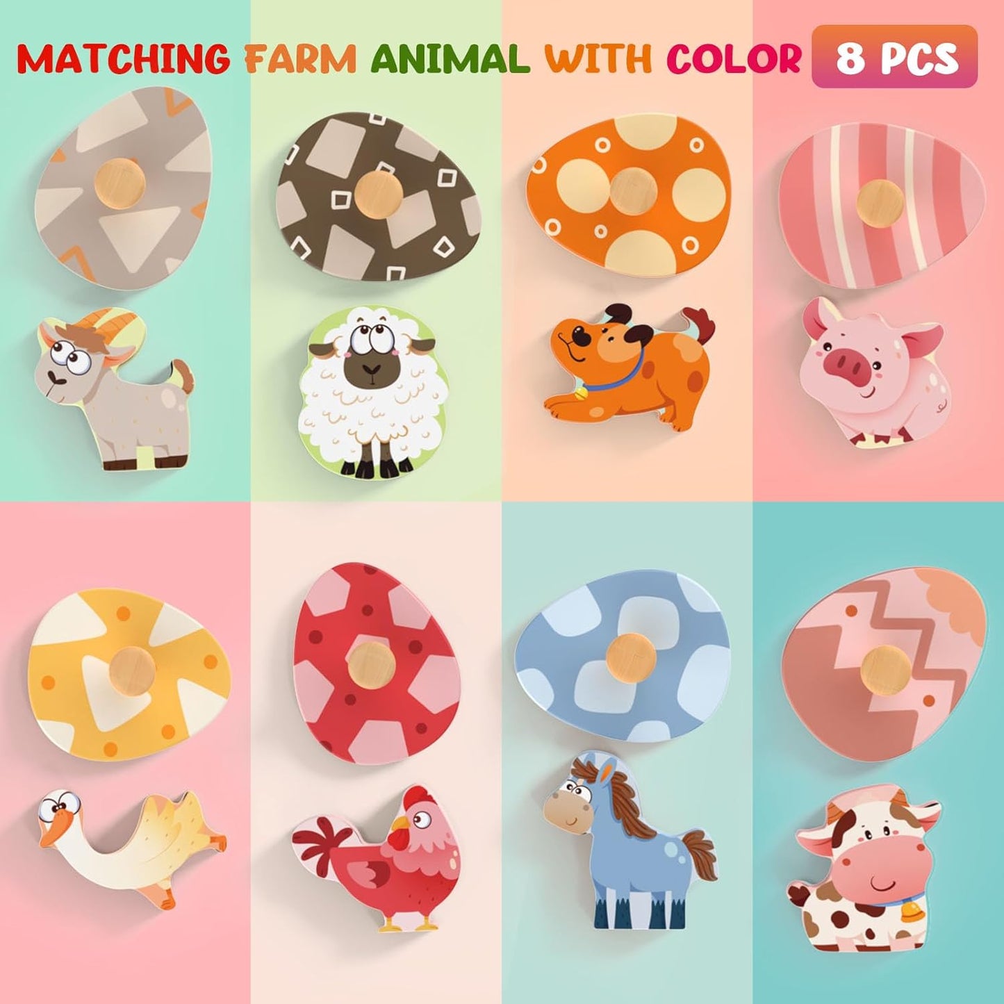 Zeoddler Easter Wooden Puzzles for Toddlers, 8 Pcs Farm Animal Matching Egg Puzzle, Montessori Toys for Boy Girl Birthday Gifts, Preschool Learning Activities & Educational Toys for Boys, Girls