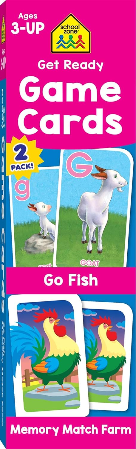 School Zone Get Ready Game Cards Go Fish & Memory Match Farm 2-Pack: 108 Flash Cards, Preschool, Kindergarten, Alphabet, Letters, Animals, Word-Picture Association, Matching, Memory, Ages 3+