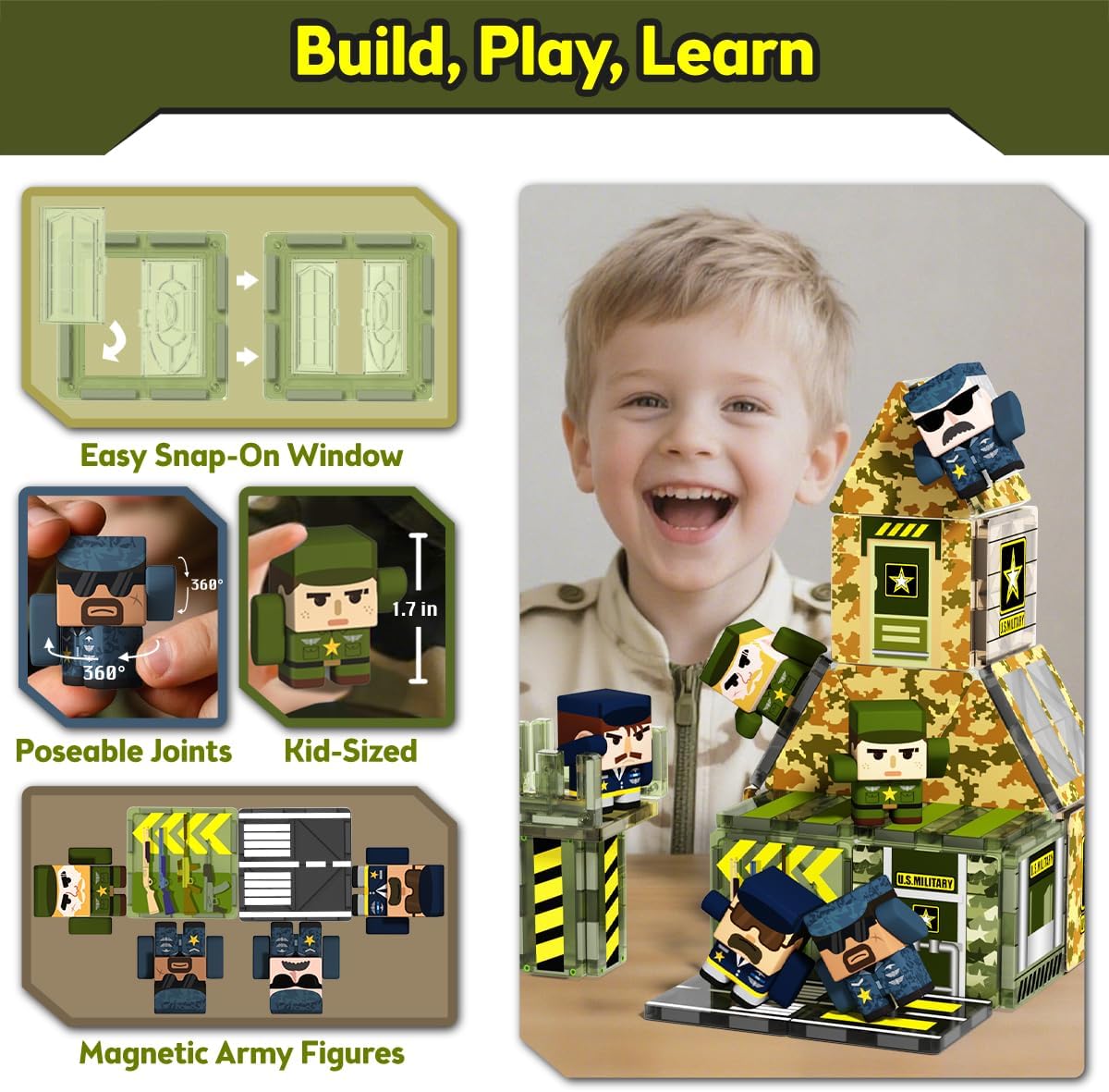 GobiDex 100PCS Army Magnetic Tiles Building Set for Kids, STEM Military Magnetic Building Blocks with 6 Magnetic Army Men, Educational Construction Toys Gift for Boys Girls 3 4 5 6 7 8 9+ Year Old