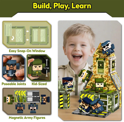 GobiDex 100PCS Army Magnetic Tiles Building Set for Kids, STEM Military Magnetic Building Blocks with 6 Magnetic Army Men, Educational Construction Toys Gift for Boys Girls 3 4 5 6 7 8 9+ Year Old
