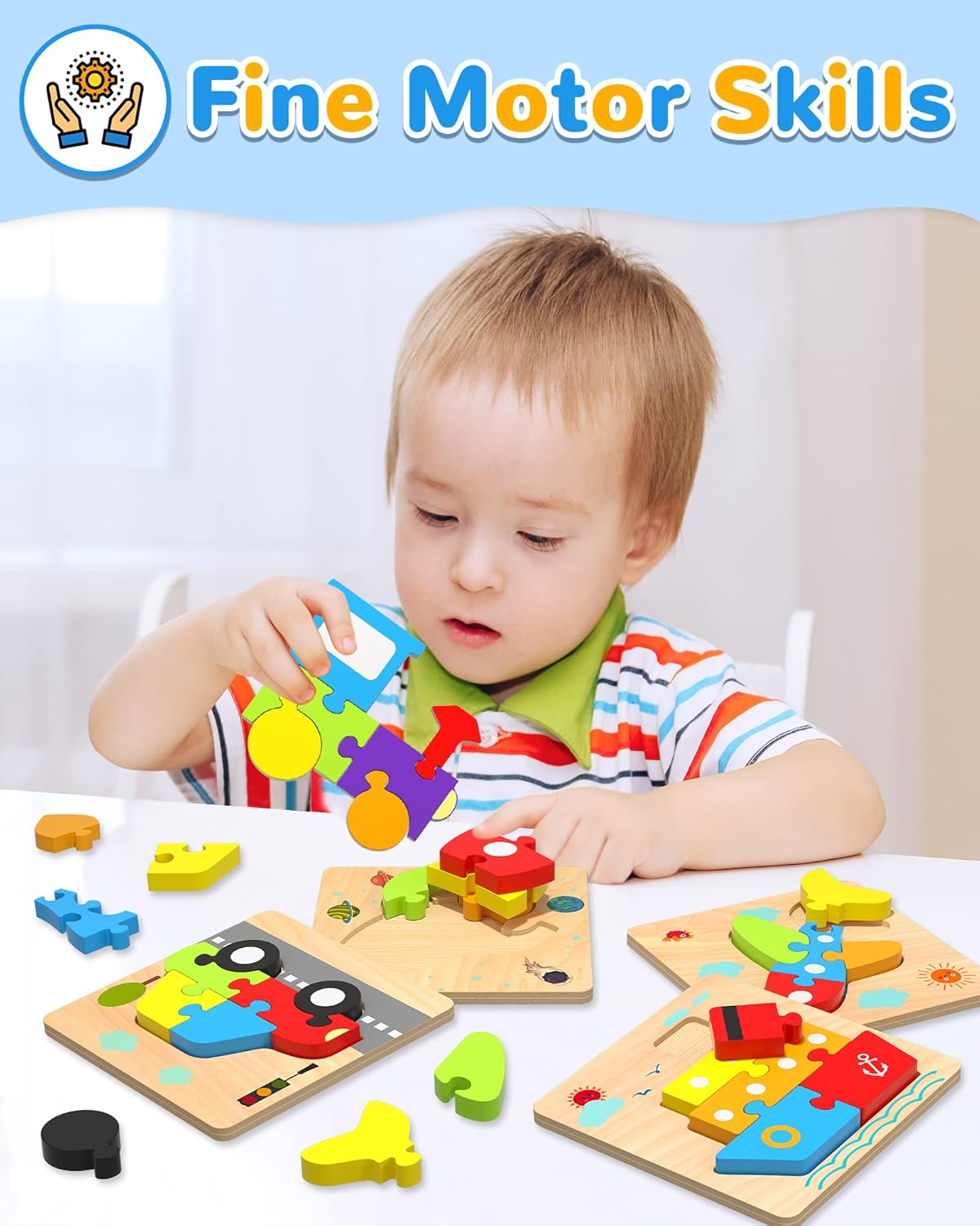 Yetonamr Wooden Toddler Puzzles Gifts Toys for 1 2 3 Years Old Boys Girls, 6 Vehicle Shape Montessori Toys Educational Blocks Kids Toys Gift Baby Learning Toy Age 1-3, 2-4