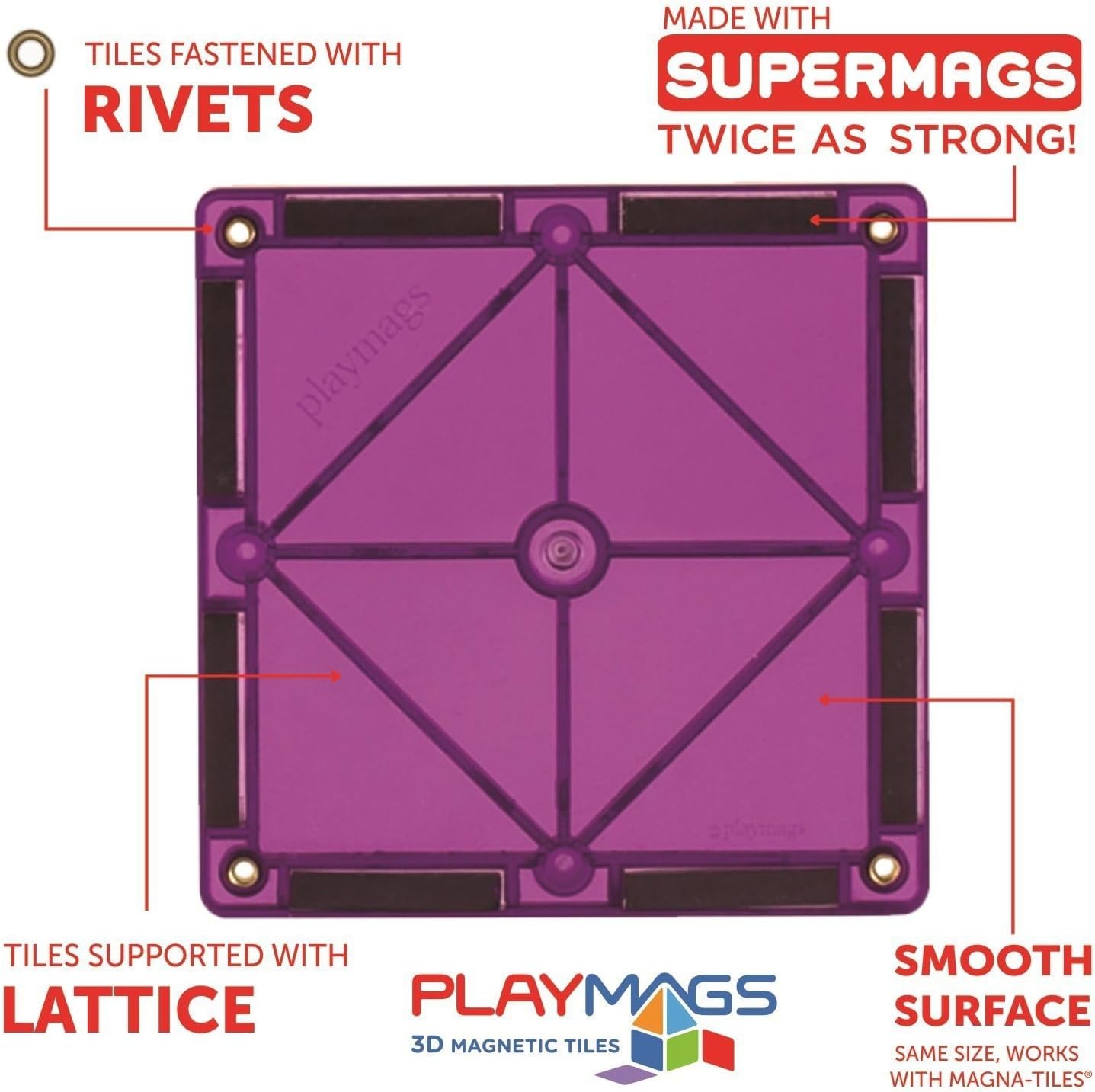 Playmags Magnetic Tiles, 30-Piece Magnet Squares Expansion Set, Construction Building Blocks, Starter Set for Kids Ages 3+