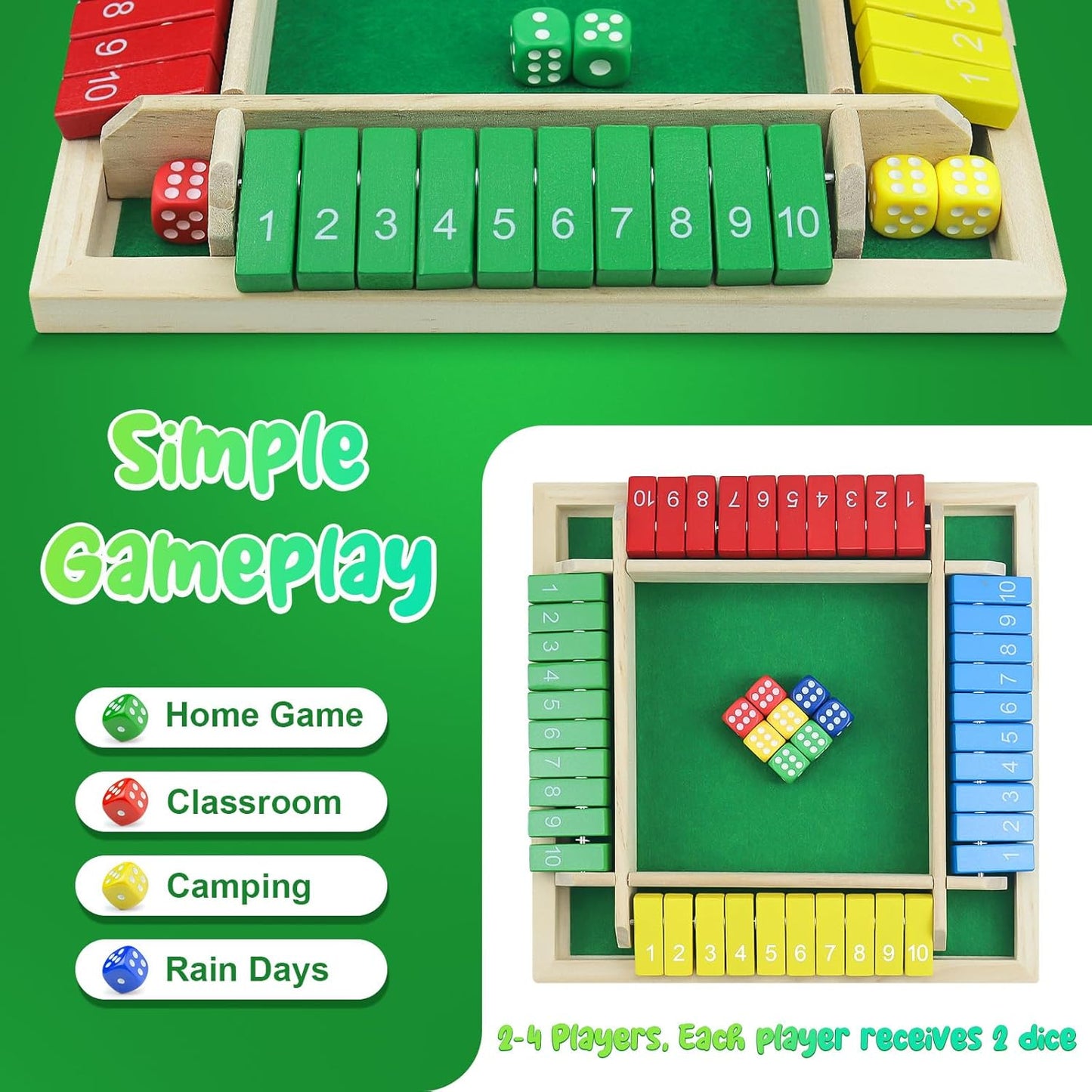 rytopt Shut The Box Game, Stocking Stuffers, 2-4 Player Family Wooden Board Table Math Games, Board Games, Valentines, 8 Dices Tabletop Game, Christmas Party Favors (8.6 Inches)