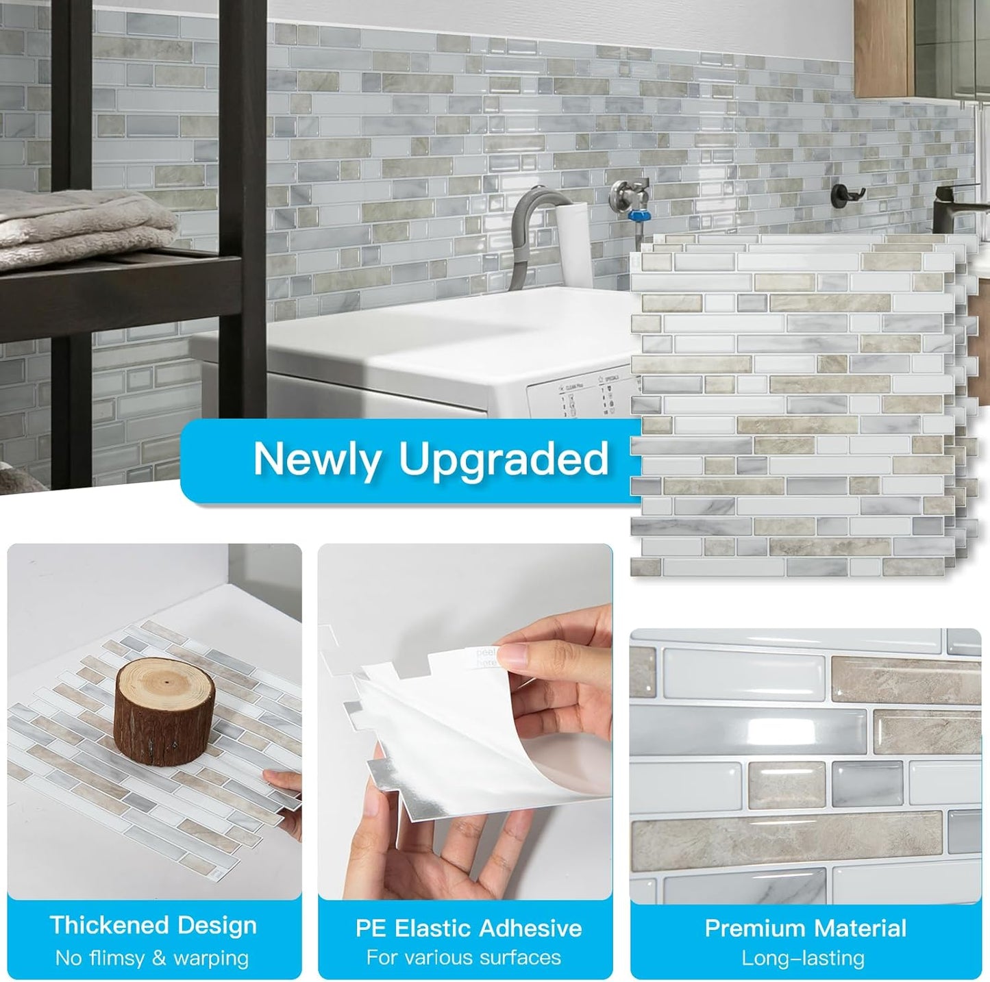 Art3d 10-Sheet Heavy-Duty Peel and Stick Backsplash, Waterproof Wall Tiles Stick on Kitchen Backsplash Living Space, Carrara Grey