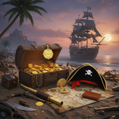 17 Piece Pirate Monocular Telescope Pirate Treasure Map Eye Patch Hat Pocket Compass Necklace Plastic Coins with Velvet Bag for Party Supplies