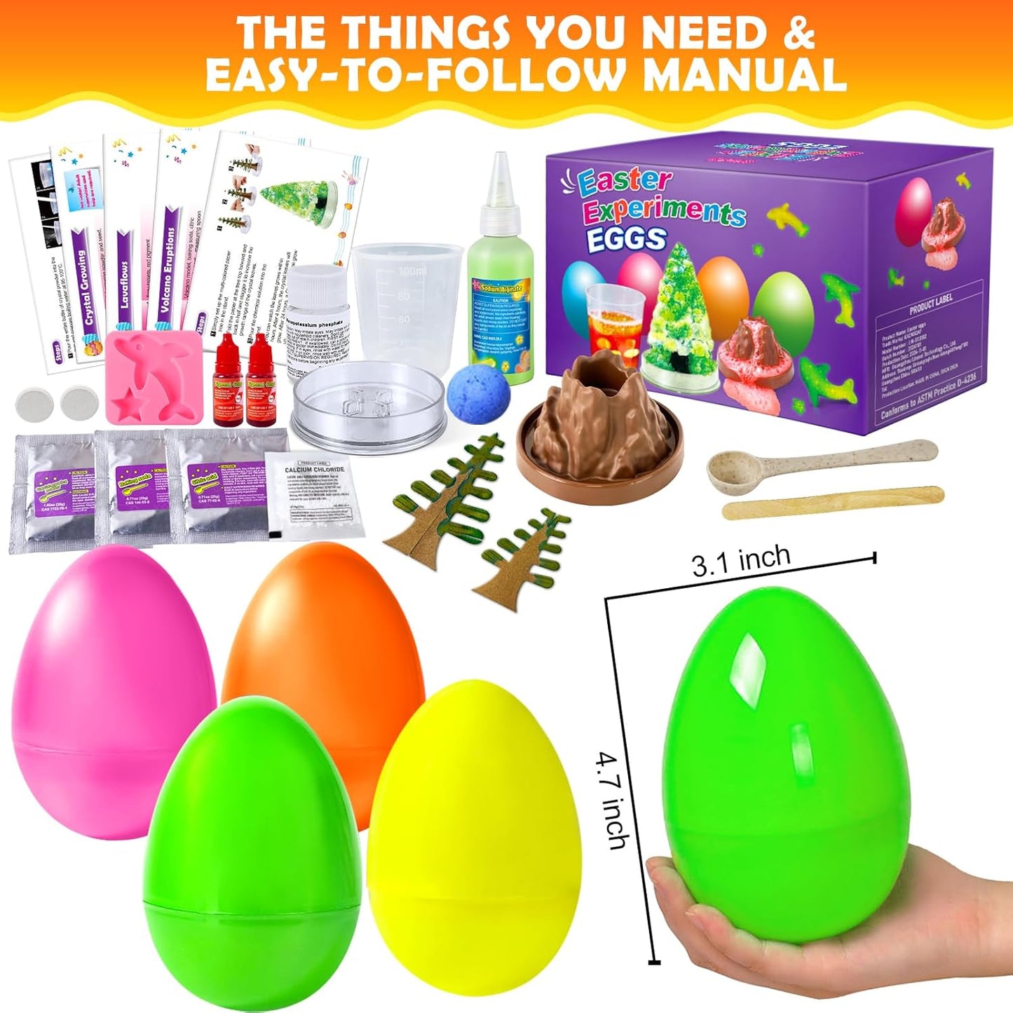 4 Jumbo Easter Basket Stuffer Surprise Eggs, Science Experiments for Kids, Easter Toys Gift Idea for Boys and Girls Educational Party Favor STEM Activities Volcano Crystal Tree