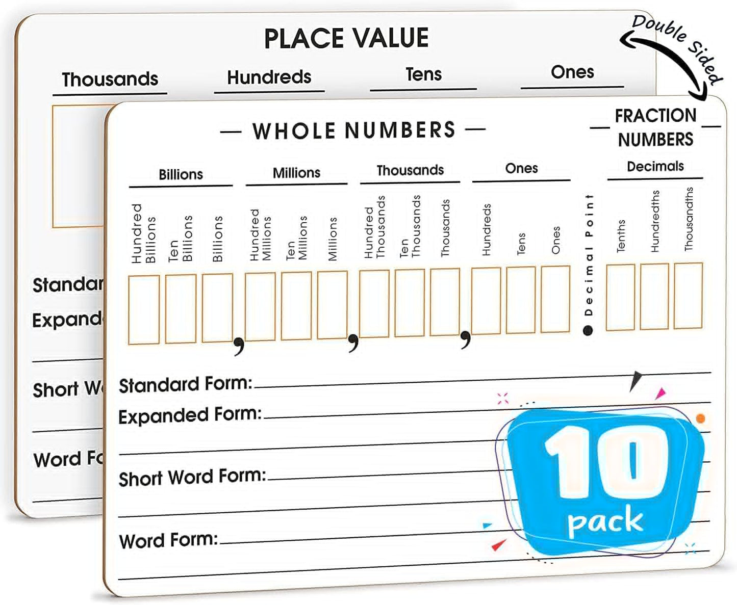 SCRIBBLEDO 10 Pack Place Value Board 9" x 12" Double Sided Dry Erase Boards for Kids for Teaching Place Values from Billions to Decimal Numbers Math Manipulative Lapboard for Teachers School Classroom