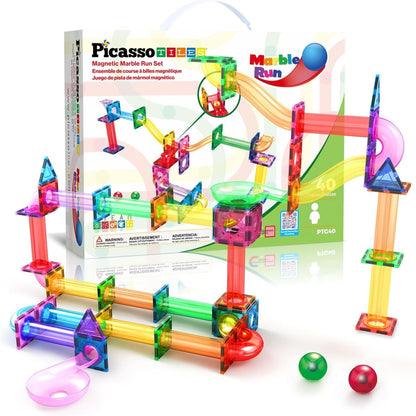 PicassoTiles 70pc Marble Run Magnetic Tiles STEM Set for Kids Ages 3 and Older Magnet Tile Marbles Maze Building Blocks Brain Development Toy Preschool Educational Learning Construction Playset PTG70