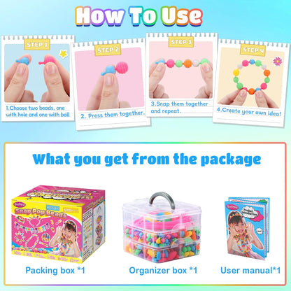 Funtopia Pop Beads, 700+ Pcs Arts and Crafts for Kids 4-6, Snap Beads DIY Bracelet Necklace Ring Anklet Set, Birthday Party Creativity Toys for Girls Toddlers Ages 3 4 5 6 (X-Large)