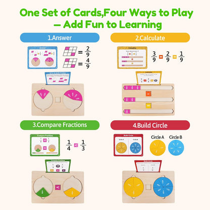 Wooden Fraction Manipulatives Set, Double-Sided Fraction Circles & Fraction Tiles with Addition & Subtraction Symbols, Montessori Math Learning Toy for Homeschool & Elementary Classroom Grade K-3