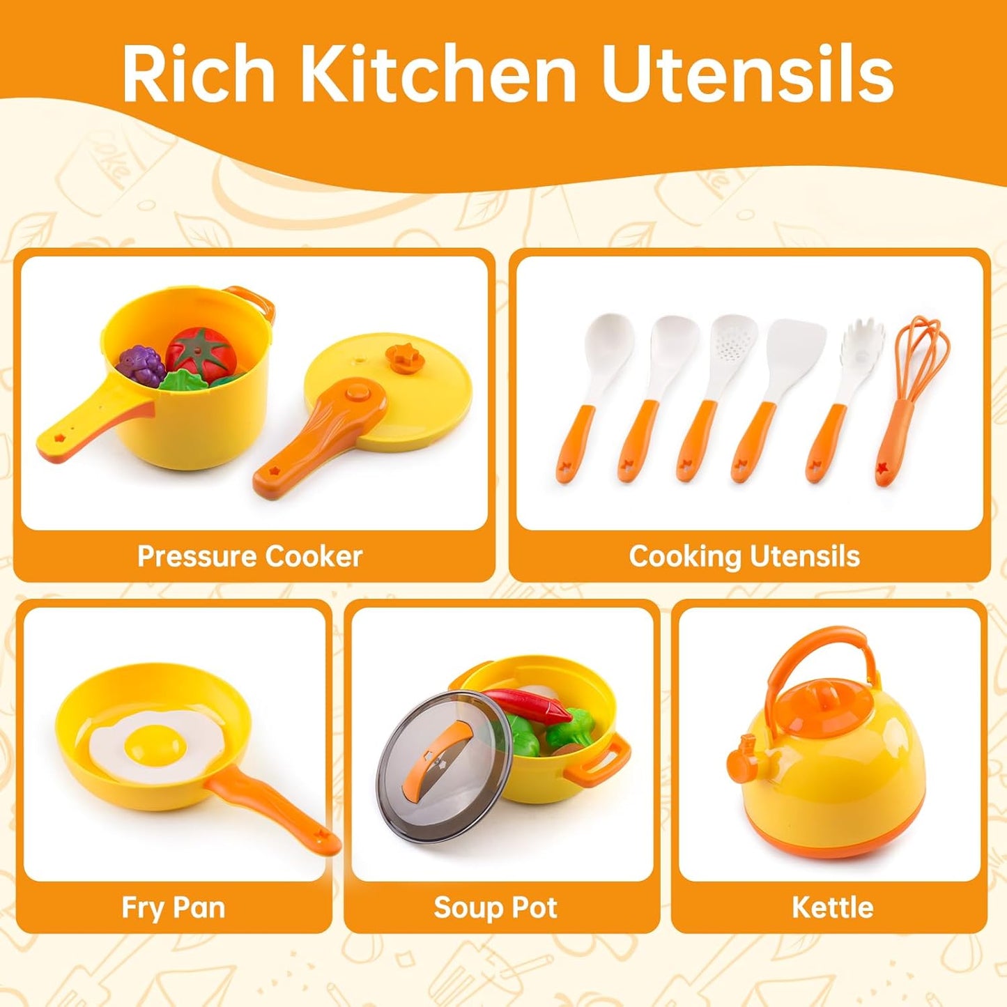 60Pcs Kids Mini Play Kitchen Accessories, Pretend Cooking Play Set with Cookware, Tableware & Fruit & BBQ Sets, Learning Gift for Boys, Girls, Toddlers,Yellow