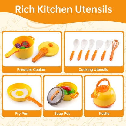 60Pcs Kids Mini Play Kitchen Accessories, Pretend Cooking Play Set with Cookware, Tableware & Fruit & BBQ Sets, Learning Gift for Boys, Girls, Toddlers,Yellow