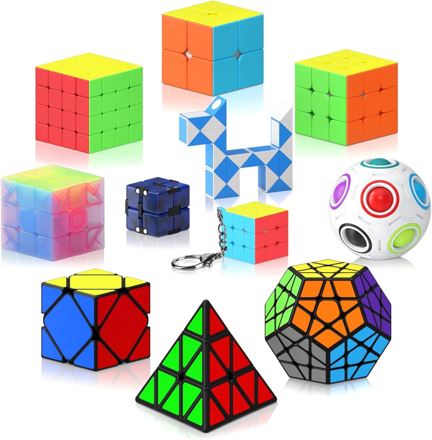 Vdealen Speed Cube Set, 7 Pack Puzzle Cube Bundle Fidget Ball 2x2 3x3 4x4 Pyramid Dodecahedron Rainbow Snake Magic Cube, Smooth Cube Game Toys Gift for Kids & Adults
