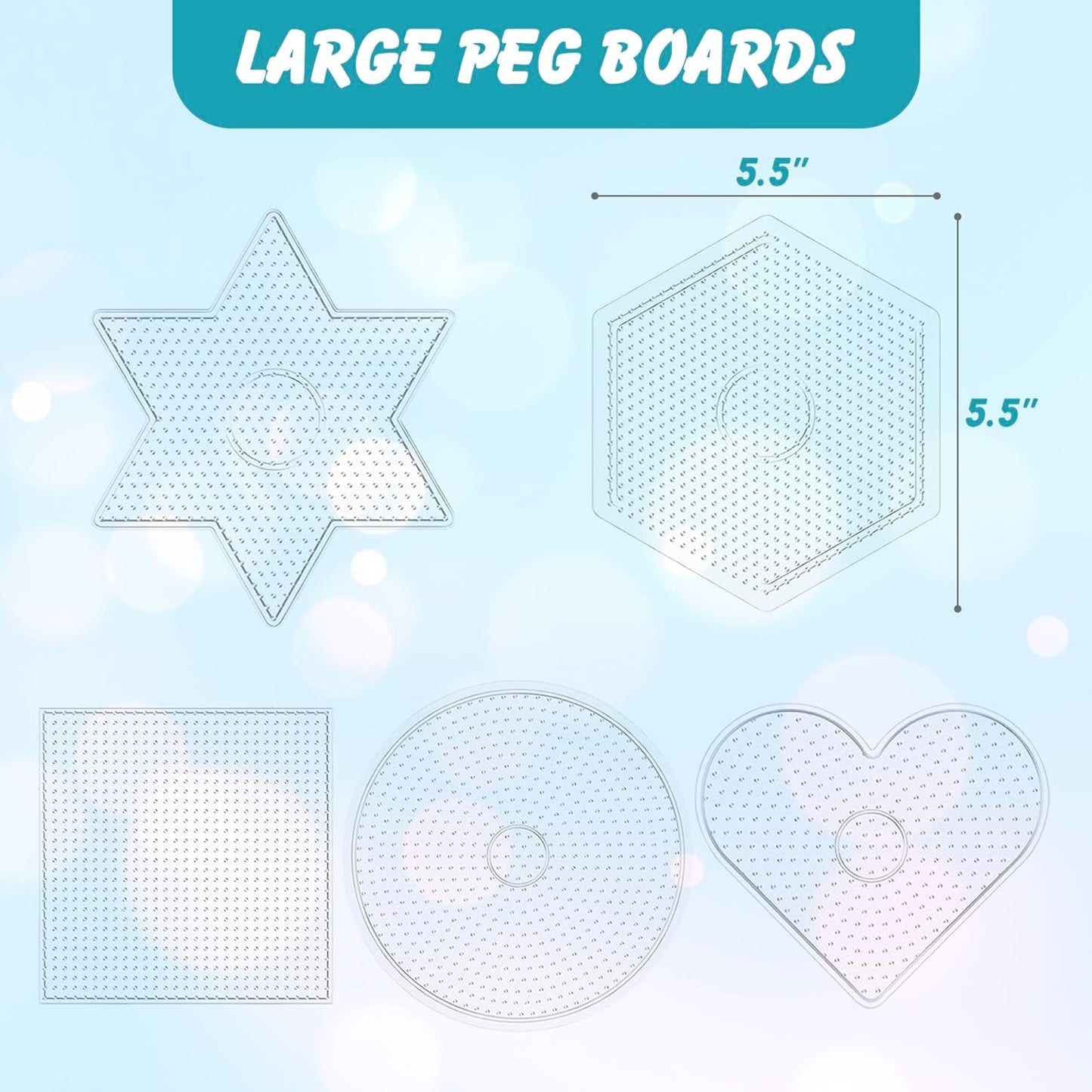 Darice Fuse Beads Pegboards 5pcs - 5mm Melty Beads Peg Board, Large Clear Plastic Boards Kit for Kids and Adults - 5.5" Square, Circle, Heart, Star, Hexagon