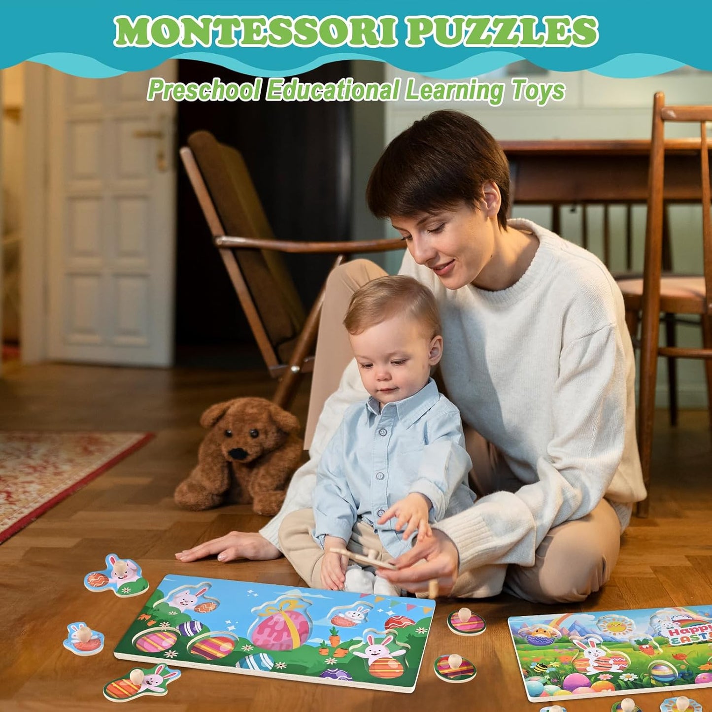 Wooden Peg Puzzles for Toddlers 1-3, 2 Pcs Montessori Puzzles, Animal & Sea Themes Puzzles, Great Preschool Educational Learning Gifts for Girls and Boys