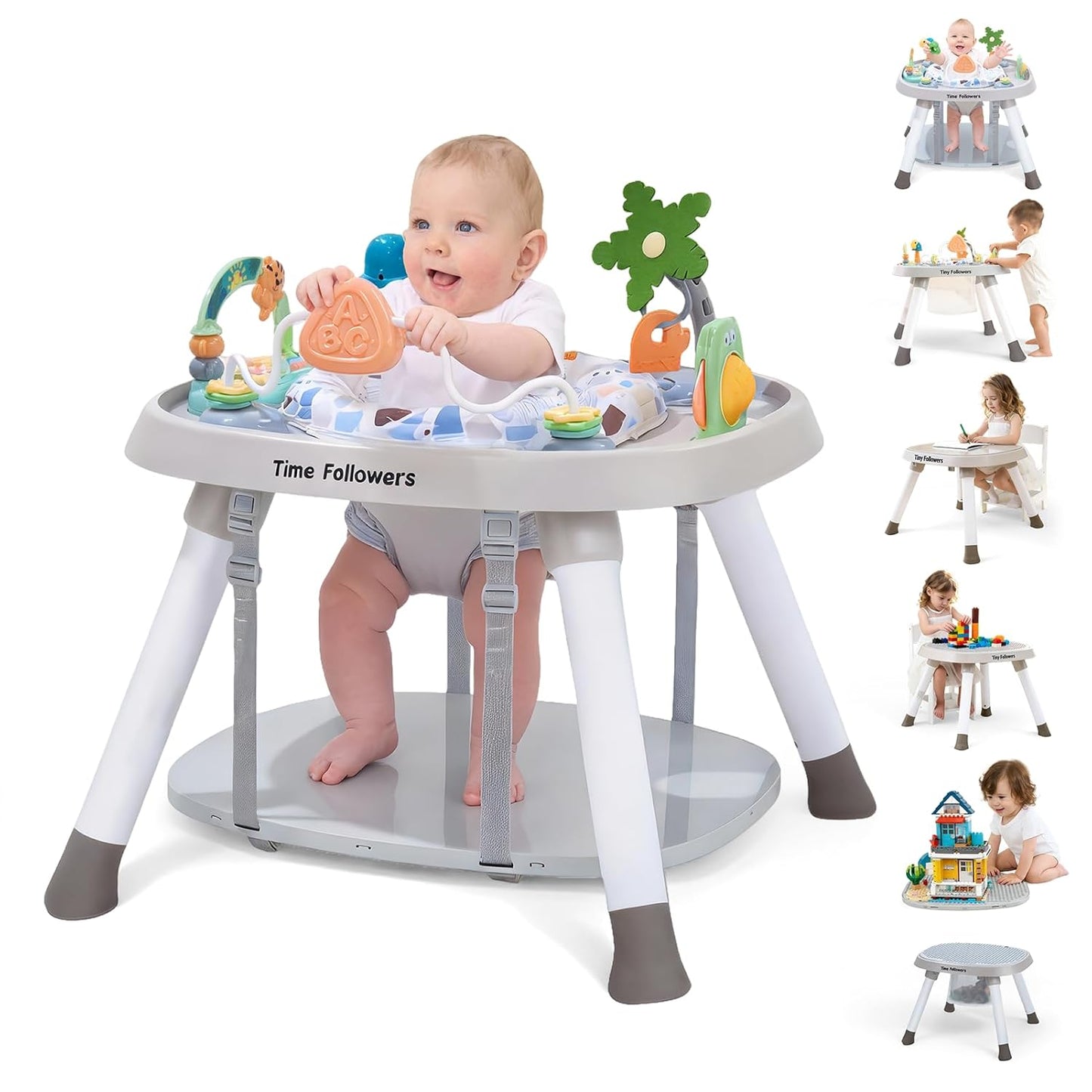Time Followers® 6-in-1 Baby Activity Center | 4 Stage Montessori-Inspired Toys | Grow Stationary Standing Toddler Table | Jumpers & Bouncers | Must Have for Boy & Girl 6, 12, 24+ Month Old (White)