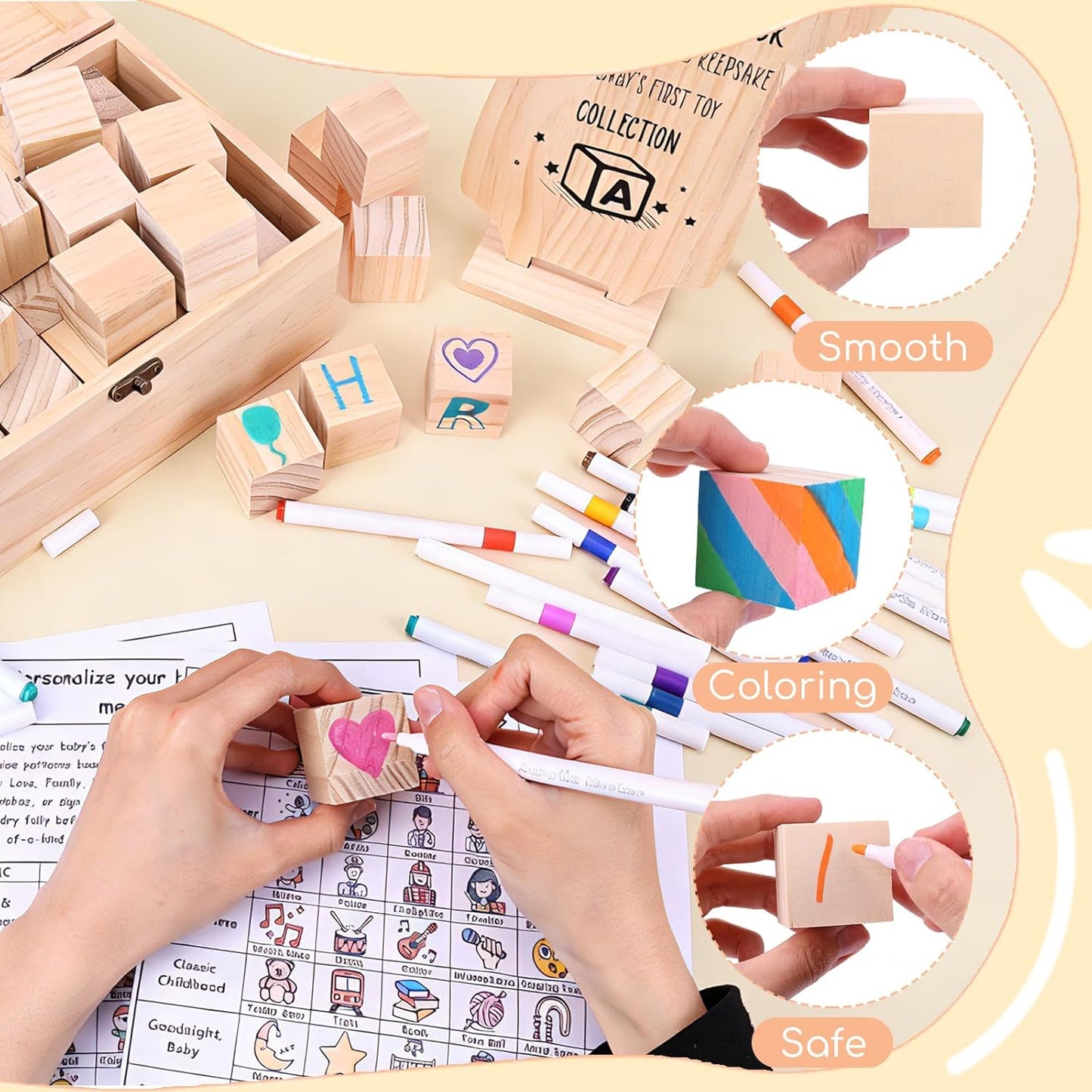 79 PCS Baby Shower Game Kit, Fun Baby Shower Blocks Decorating Game Includes 52 Wooden Blocks, 24 Markers, 1 Game Sign, 1 Storage Box and 1 Pattern Guide, Suitable for Boys and Girls, Natural Wood