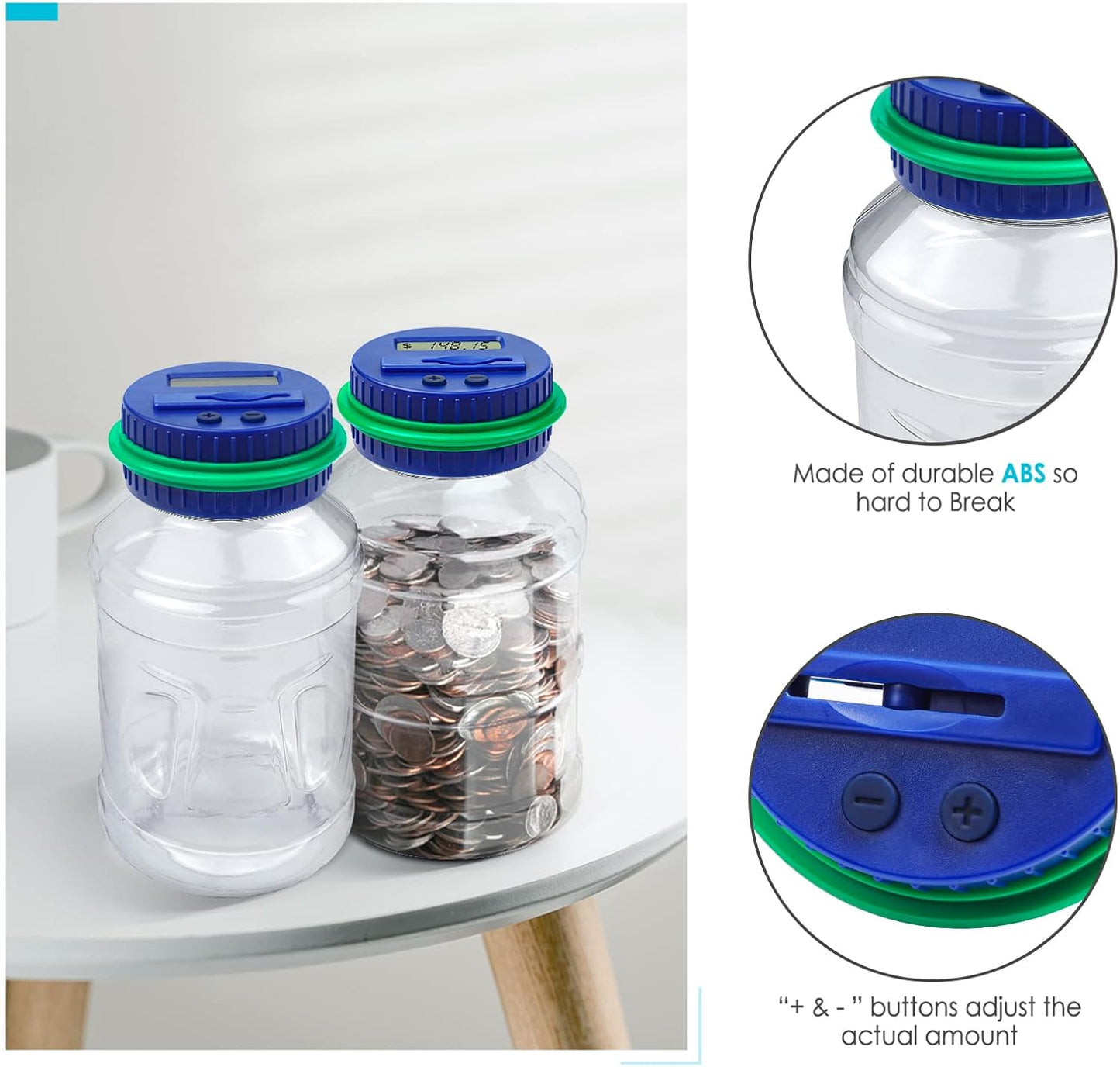 Large Piggy Bank for Adults Kids, Vcertcpl Digital Coin Counting Bank with 1.8L Capacity, Great Coin Bank Money Jar for Adults Kids with Saving Goals, Bank for All US Coins (Green B)