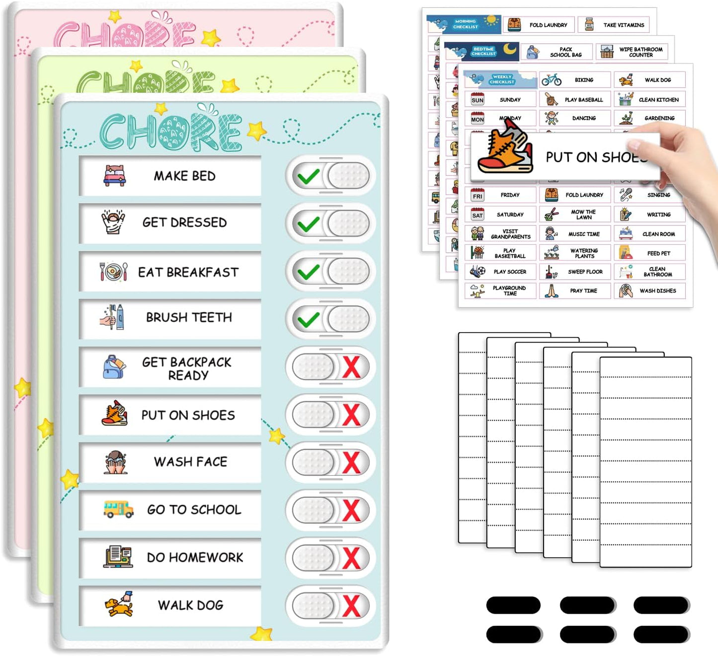 Dry Erase Kids Chore Chart for 2 Kids Pink and Blue - Magnetic Routine Chart with Slider Cute Design Stickers, Morning Bedtime Routine Chart for Toddlers Visual Schedule for Kid