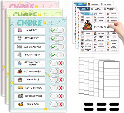 Dry Erase Kids Chore Chart for 2 Kids Pink and Blue - Magnetic Routine Chart with Slider Cute Design Stickers, Morning Bedtime Routine Chart for Toddlers Visual Schedule for Kid