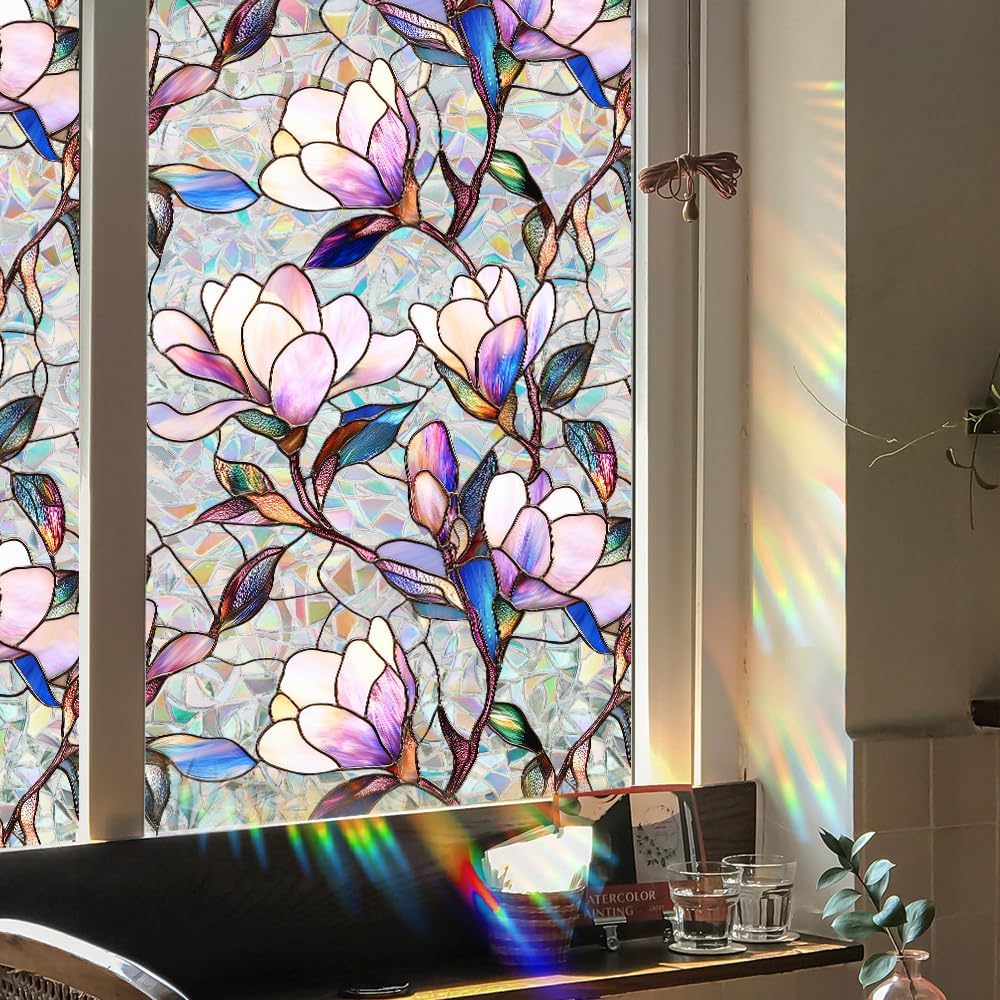 Flower Stained Glass Window Film Decorative Static Cling Stickers Sun Blocking Privacy Decals for Home Car White Lily