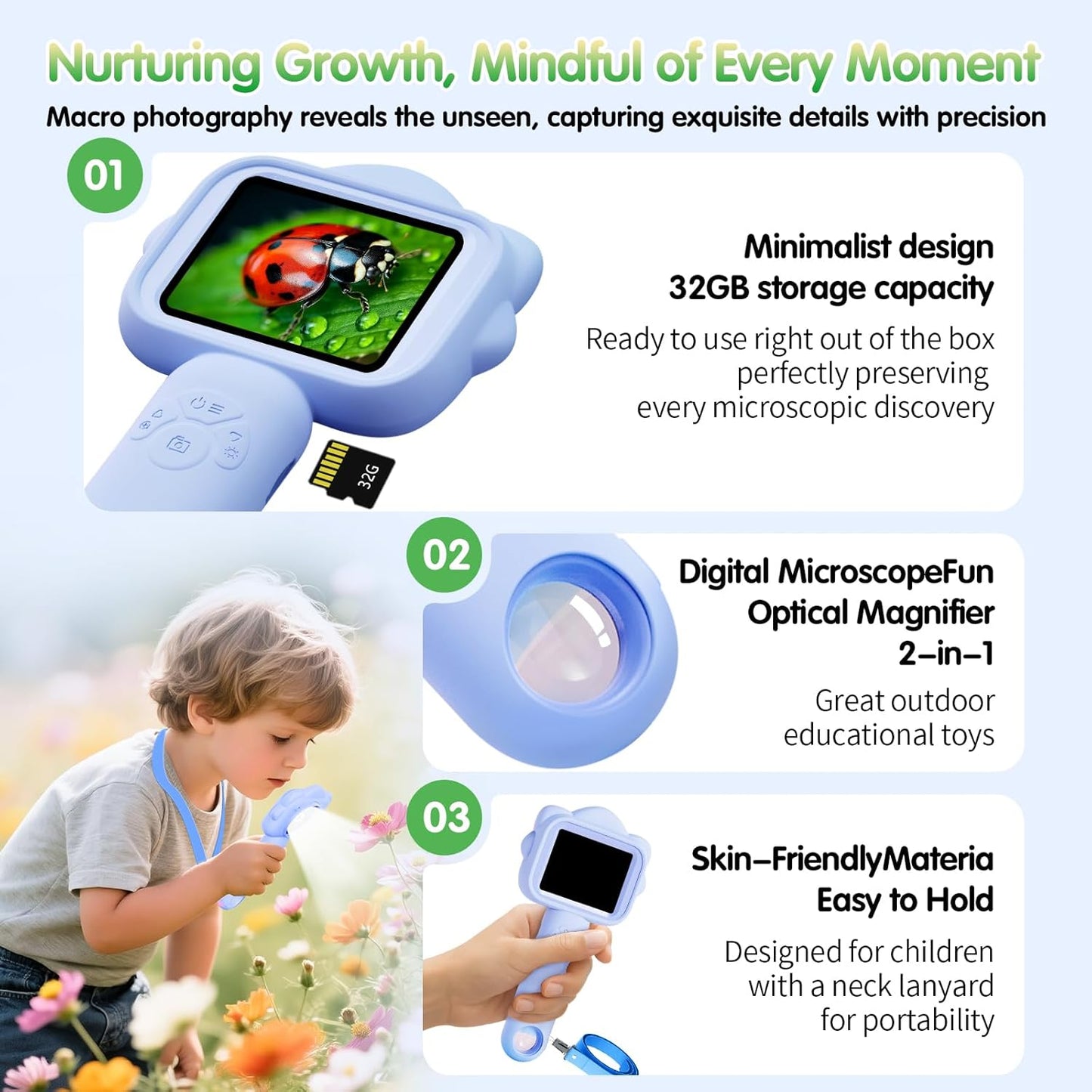 Microscope for Kids, Kids Microscope with Sample Slide, Educational Science Kit, Macro Fixed Focus Kid Mini Microscopes 500x Magnification, 32GB SD Card Include(Purple)