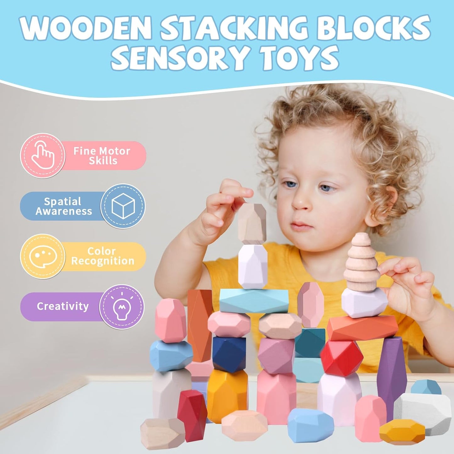 YHHYTOY 40 PCS Wooden Stacking Rocks Building Blocks Forest Theme, Sensory Learning Montessori Toys for 3 4 5 Year Old Kids, Preschool Educational STEM Toys Toddler Games Birthday Gifts for Girls Boys