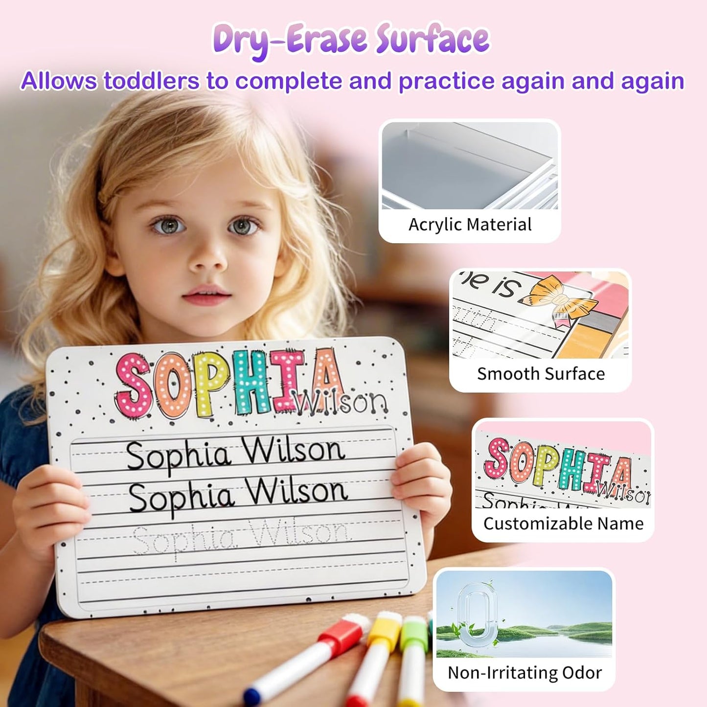 Personalized Name Practicing Board for Kids, Cusotm Name Tracing Whiteboard with Dry-Erase Pen, Back-to-School Gift for 3 4 5 Years Old Preschoolers, Handwriting Practice, Toddler Name Learning