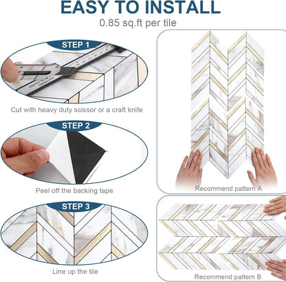 Yipscazo 10 Sheets Herringbone Backsplash Peel and Stick Tile, Marble Calacata Mixed Metal Gold PVC Stick on Backsplash for Kitchen, Waterproof Self Adhesive Wall Tile for Bathroom