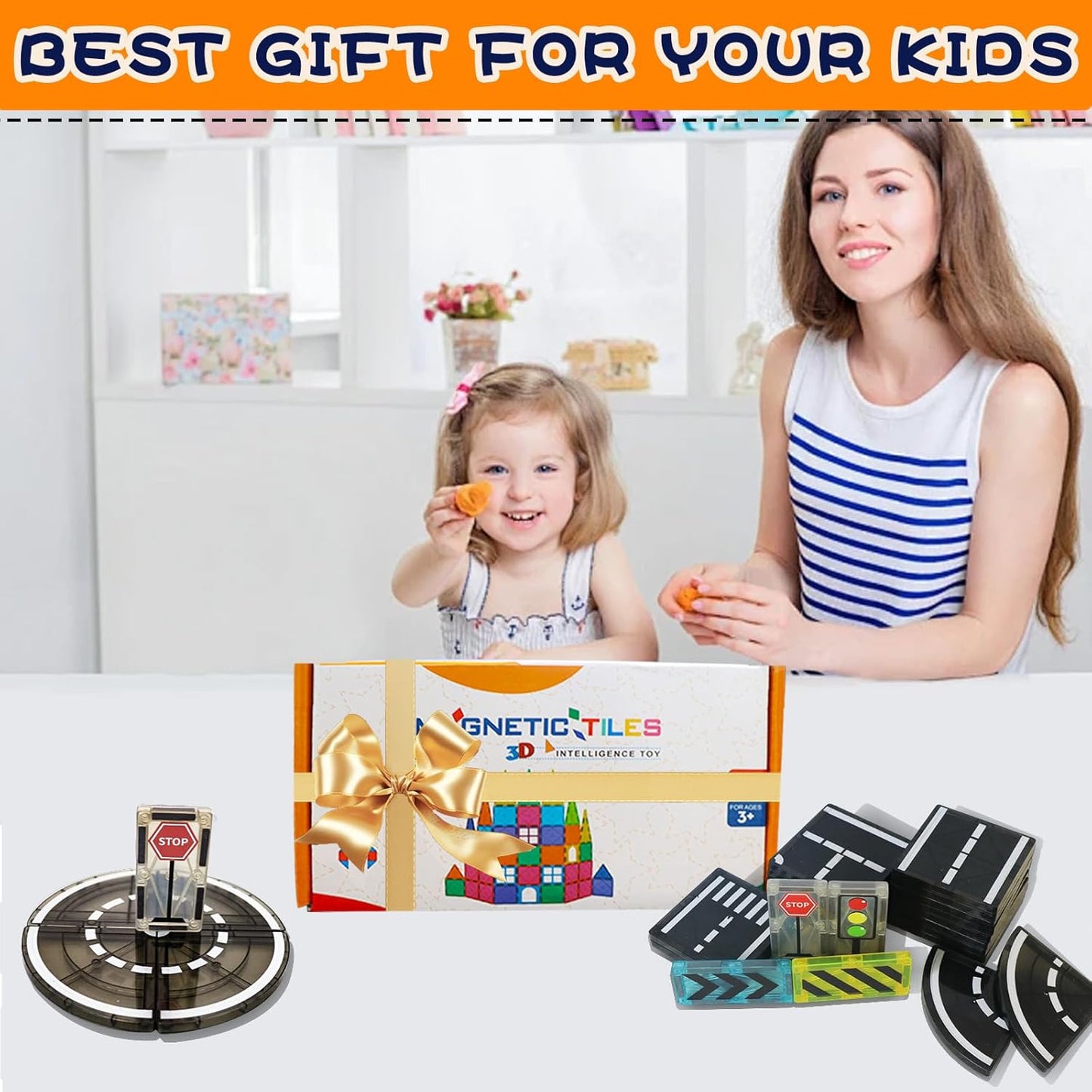 Magnetic Tiles Road Set, Magnet Tiles for Kids Ages 3-5 4-8 5-7, Magnetic Building Blocks Montessori Educational STEM Creativity Toys 3+ Year Old Boys & Girls Toddlers Kids Christmas Birthday Gifts