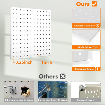 Peg Board, 4PCS Metal Pegboard Wall Organizer. Heavy Duty Pegboard, Peg Boards, Pegboard for Walls, White Pegboard for Garage Craft Room Workbench Office Kitchen Tool Organization, 12"*12"