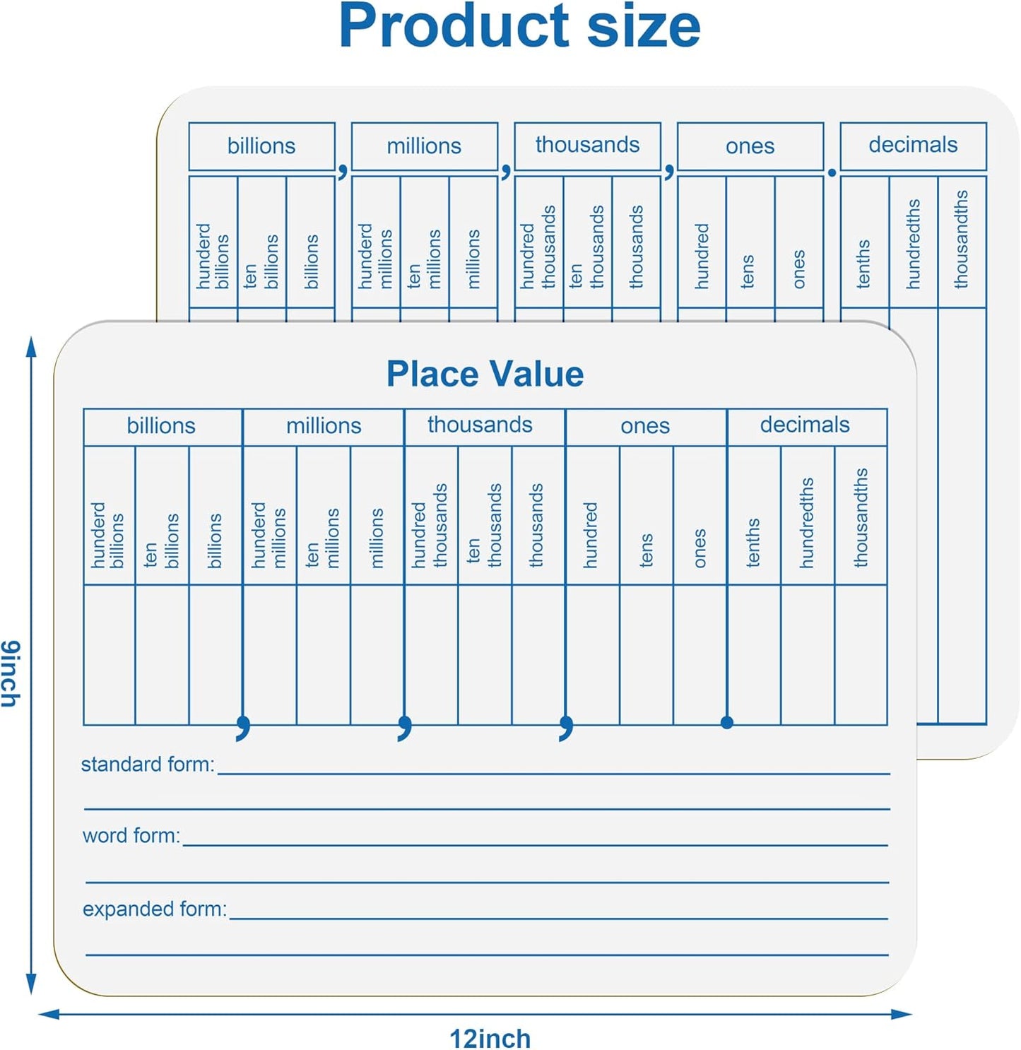 Dry Erase Place Value White Board, 9" x 12" Double Side Table Math Manipulatives Lapboard for Kids Students Classroom Home