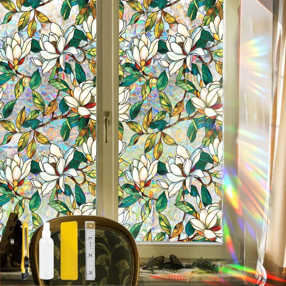 Flower Stained Glass Window Film Decorative Static Cling Stickers Sun Blocking Privacy Decals for Home Car White Lily