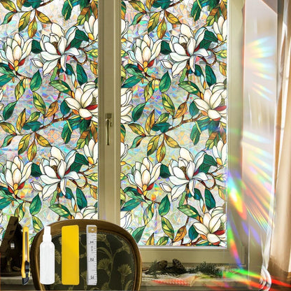 Flower Stained Glass Window Film Decorative Static Cling Stickers Sun Blocking Privacy Decals for Home Car White Lily