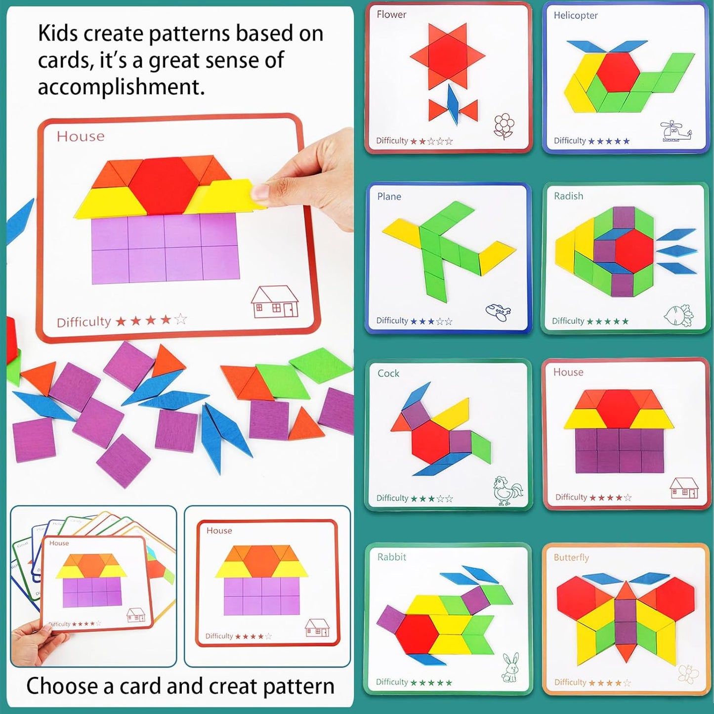 155 Pcs Wooden Pattern Blocks for Boys Girls Gift, Geometric Shape Pattern Set, Pattern Block Activity, Puzzles for Kids, Double Side Cards for 4 5 6 7 8 Years Old