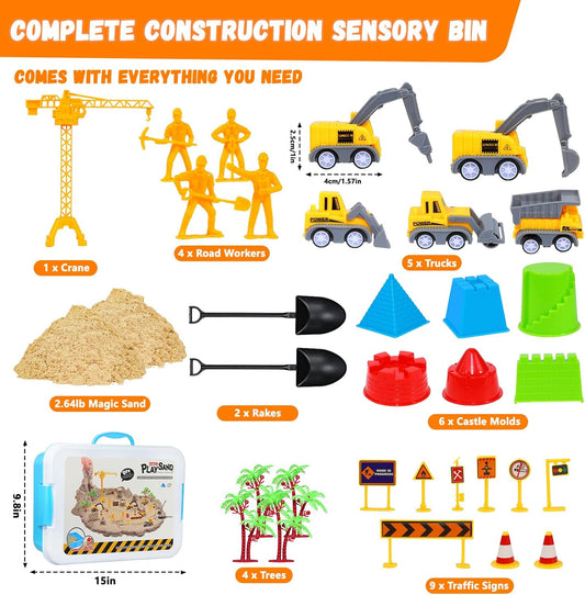 Construction Sensory Bin with Lid, 2.2lbs Magic Sand & 5 Construction Trucks, Sensory Sand Kit Construction Toys for 3 4 5 6 7 8+ Year Old Boys Toddlers Christmas Birthday Gift
