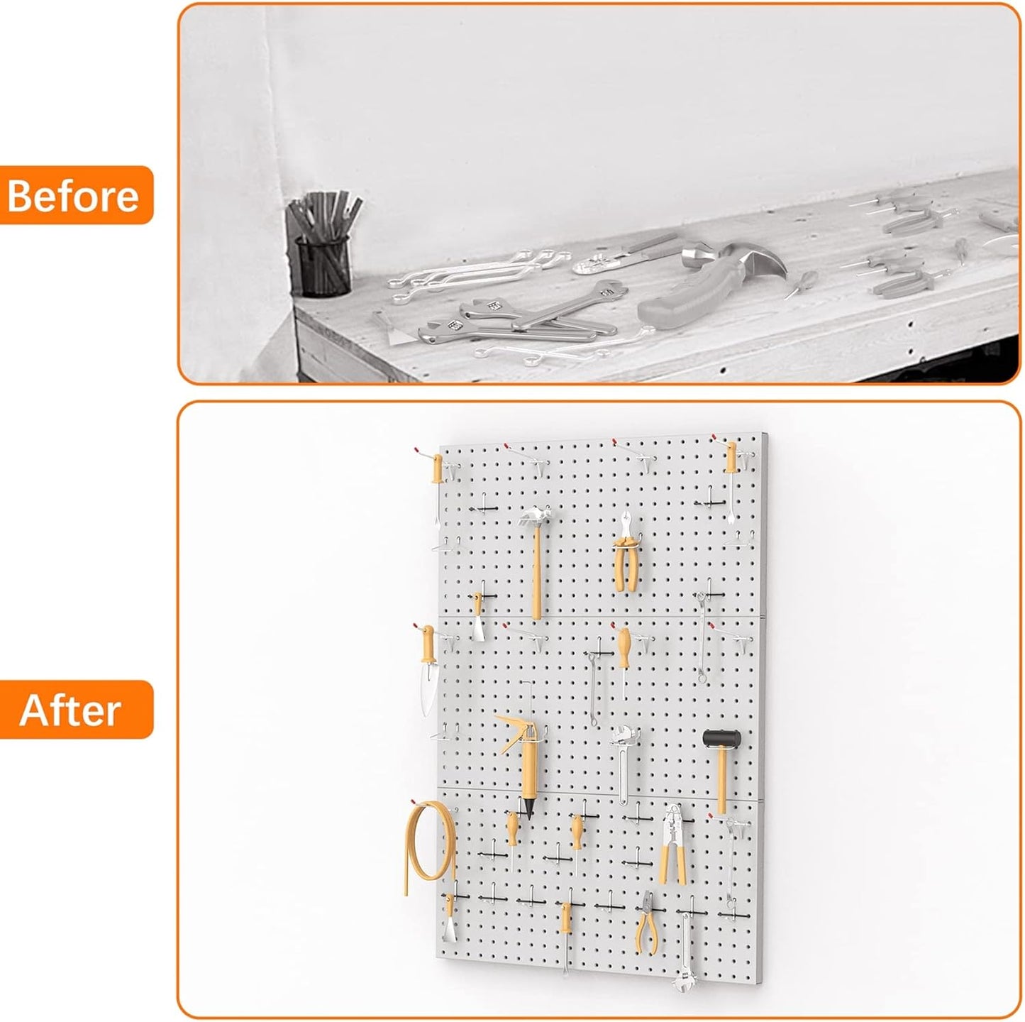 TORACK 3 PCS Metal Pegboard Panels(12x24 inch) for Wall Garage Tools Storage Pegboard for Workbench, Modular Peg Board Tool Organizer Board Kit(Pack of 3, Orange)