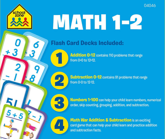 School Zone Math 1-2 4-Pack Flash Cards: 224 Cards, 1st Grade, 2nd Grade, Addition 0-12, Subtraction 0-12, Numbers 1-100, Math War Card Game, Numerical Order, Skip Counting, Ages 4+