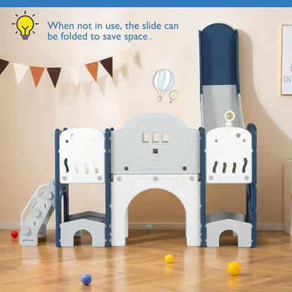 Costzon 10 in 1 Toddler Slide Set, Kids Slide and Climber Playset with Magnetic Whiteboard, Ring Toss, Basketball Hoop, Crawling Tunnel, Long Aisle & Storage, Indoor Playground for Ages 3+ (Blue)