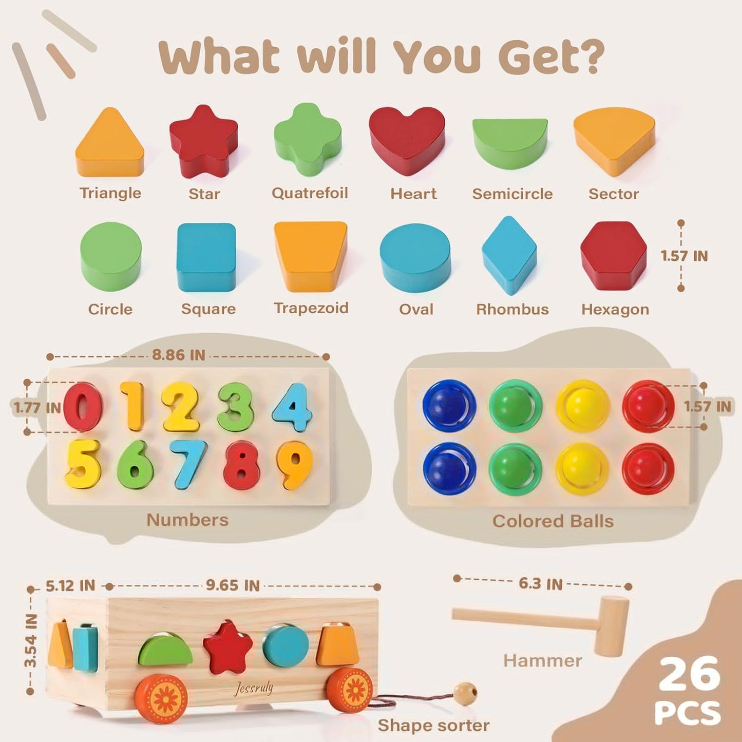 Shape Sorter - Wooden Xylophone and Montessori Number Puzzle Set for Babies - Educational Sorting Game with Storage Car for Toddlers