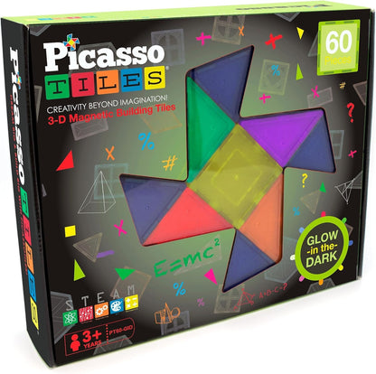 PicassoTiles Kids Toy Building Block Set Glow in The Dark Children Construction Kit Magnet Tiles Magnetic STEM Interlocking Playboard Educational Learning Stacking Blocks Child Brain Development PT60