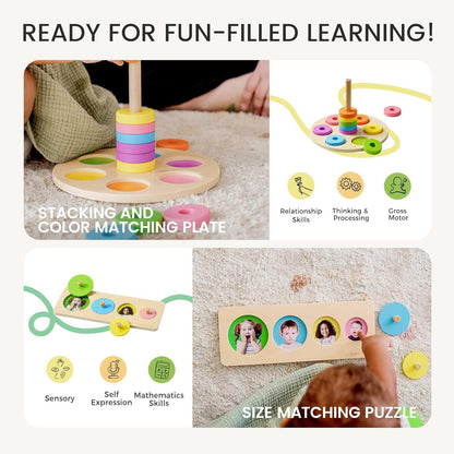 Tiny Land Montessori Toy Set for Babies 7-9 Months Senser Play Kit - 5-in-1 Wooden Learning Toys with Object Permanence Box, Sensory Ball, Stacking Cups and Mirror Puzzle,Body Board Book