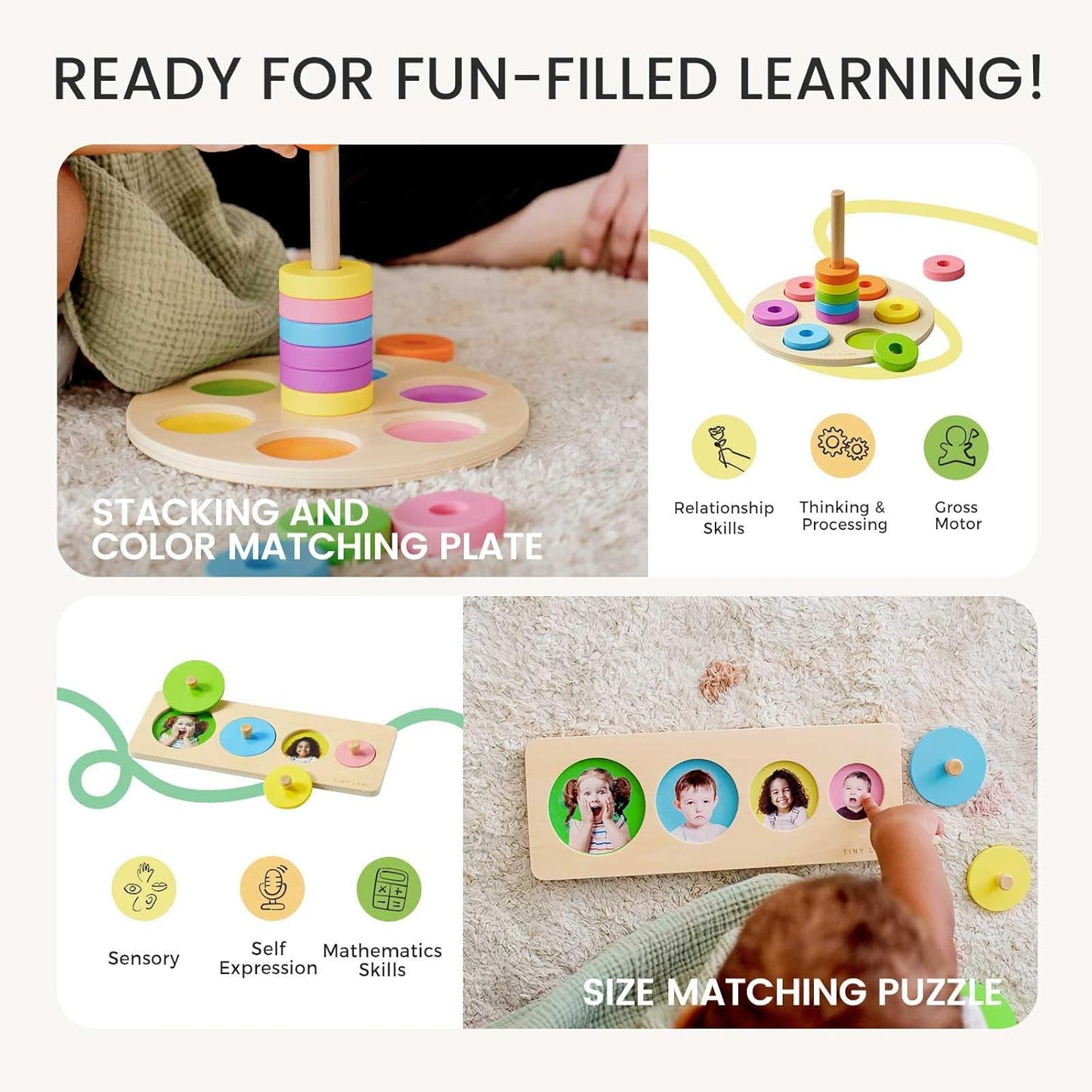 Tiny Land Montessori Baby Toy Set 0-3 Months Newborn Development Sensory Play Kit - 5-in-1 Mirror, Black & White Card Set, Rolling Bell, Play Mat, and Bed Wrap