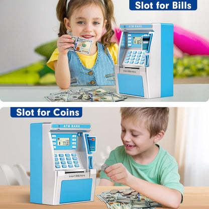 ATM Piggy Bank for Kids, ATM Machine for Real Money with Debit Card, Bill Feeder, Coin Recognition, Balance Calculator, Electronic Savings Safe Box, Gifts for Teen Boys Girls